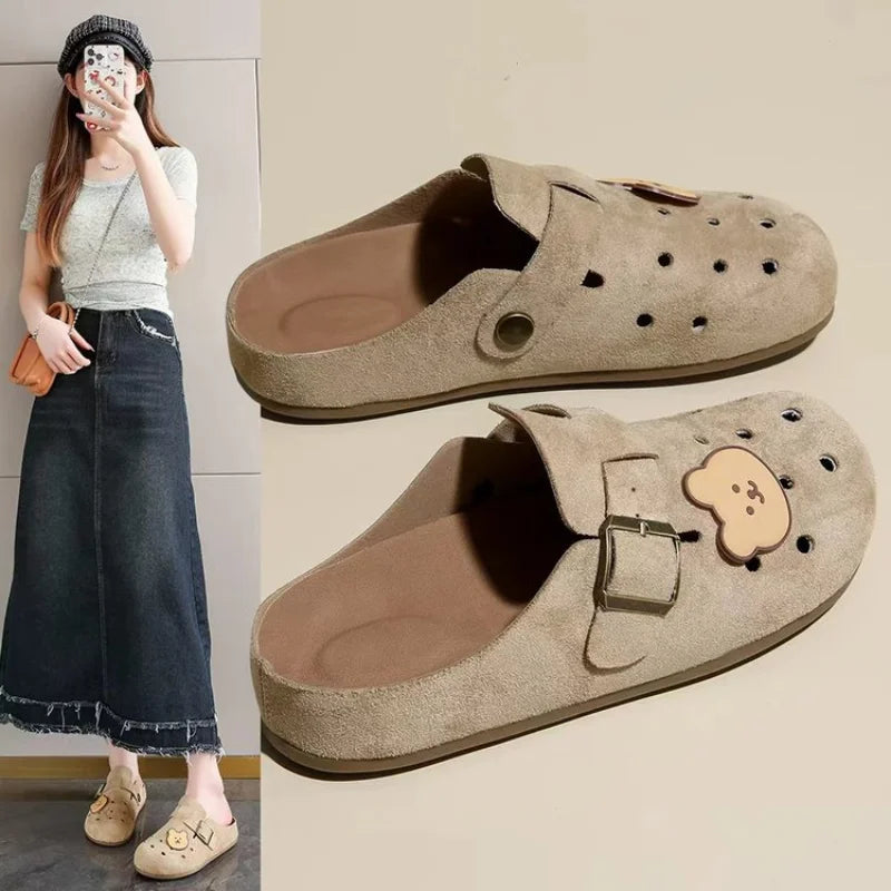 Soft Leather Bear Cutout Mules for Women, New Breathable Closed-Toe Slide Sandals, Slip-On Hollow Out Clogs
