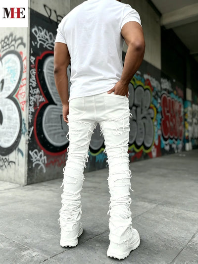 HME Men's White Denim Pants, Stacked Ripped Slim Flared | SAMAG