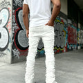 HME Men's White Denim Pants, Stacked Ripped Slim Flared | SAMAG