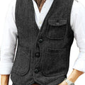 Men Vest Brown Herringbone Wool Tweed V Neck Single Breasted Retro Tooling Vest Male Gentleman Business Waistcoat For Wedding