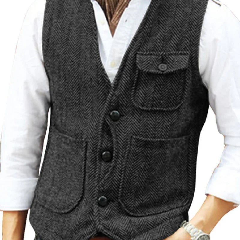 Men Vest Brown Herringbone Wool Tweed V Neck Single Breasted Retro Tooling Vest Male Gentleman Business Waistcoat For Wedding