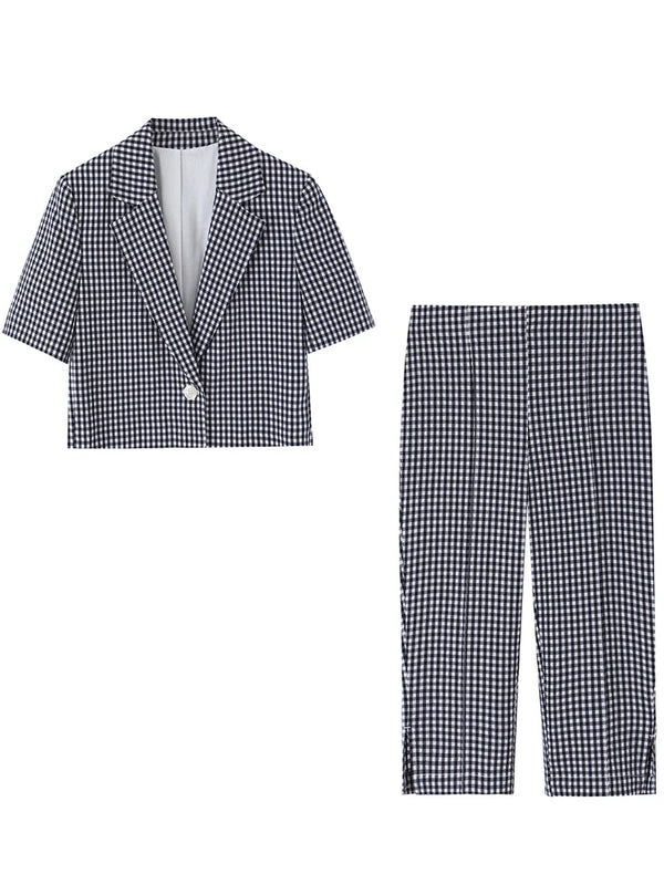 HH Women Casual Slim Plaid Blazer Pants Set 2026 Summer Autumn Gingham Short Blazer+High Waist Capri Pants Fashion Office Suits