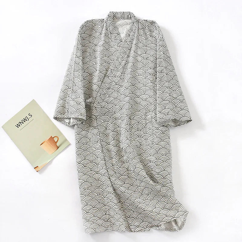 2026 New Men's 100% Cotton Gauze Bath Robes Loose Thin Japanese Kimono Pajamas for Men Casual Lace Up Bathrobes V-Neck Nightgown