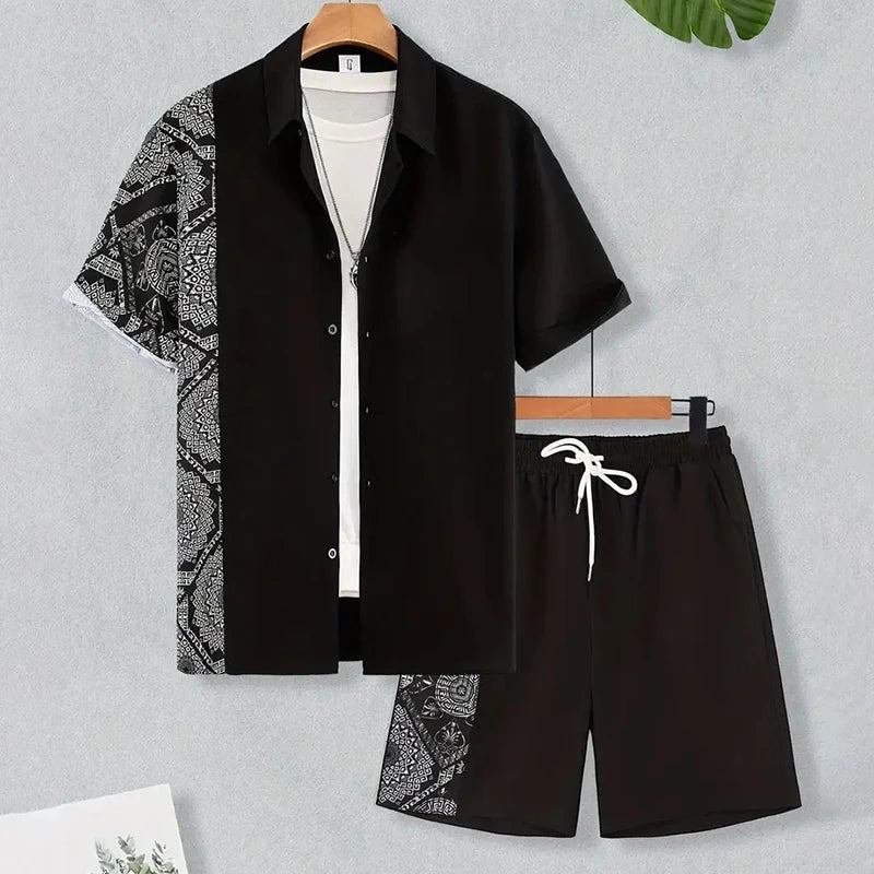 Men's Summer Holiday Suit Retro Textured Printed Border Shirt Short Sleeve Two Piece Breathable Pool - View 10 | SAMAG