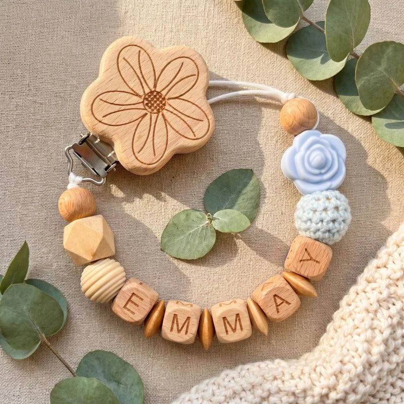 Personalized Name Pacifier Clip Silicone Wooden Dinosaur Baby Teether Holder BPA Free Custom Soother Chain Handmade Dummy Clip