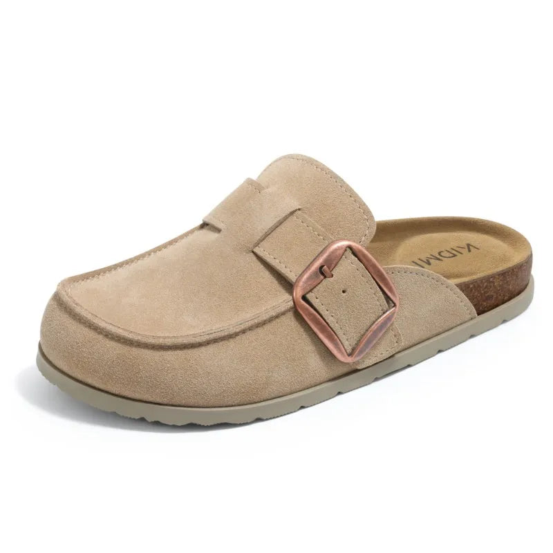 Crestar Women's Genuine Suede Clogs Outdoor Memory Foam Cork Footbed Leather Mules With Adjustable Buckle Lady Slip On Slippers