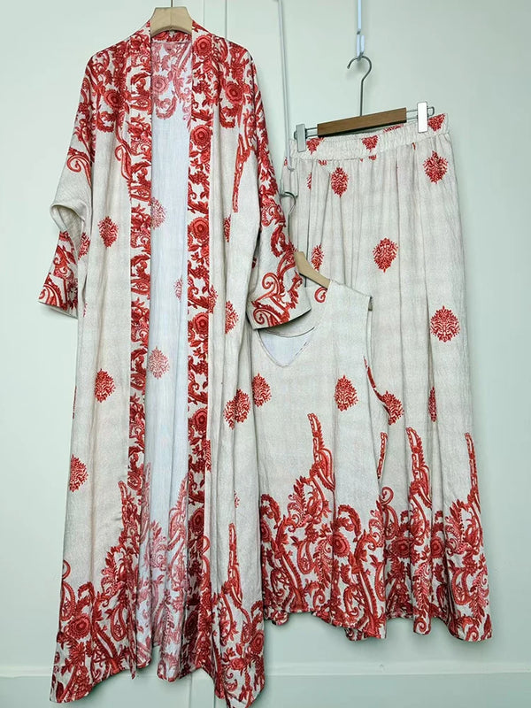 Design retro positioning printed long cardigan+vest three piece set for spring women's clothing+loose pants skirt fashion set