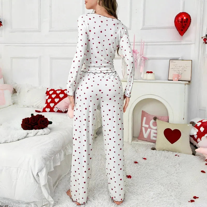 Autumn Winter Sleepwear for Women Two-piece Pajamas Set Heart-shaped Printed Long-sleeved Shirts and Long Pants Homewear
