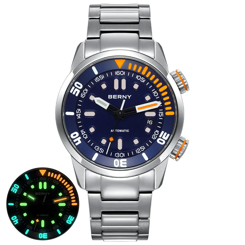 BERNY Automatic Dive Watch for Men Super Luminous 20ATM Diver Wristwatch Original Top Sapphire Swim Sport Mechanical Male Watch
