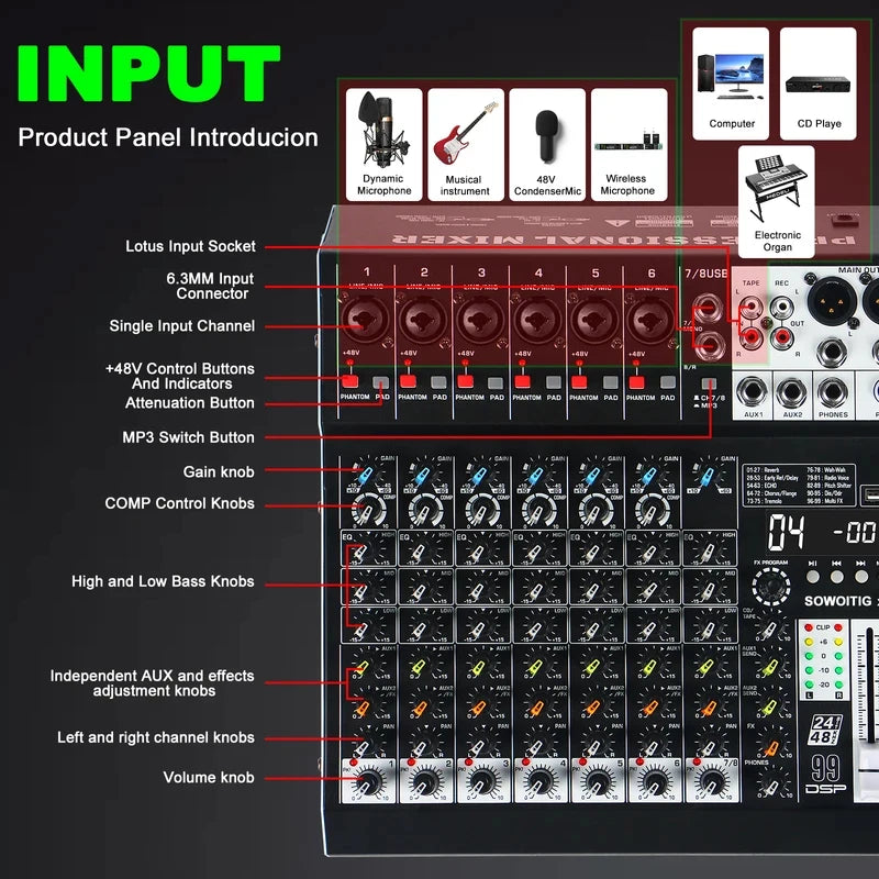 4/6/8/10-Channel Professional Audio Mixer Console With 99 DSP Effects Mixing Board Dj Mixer Compatible For MP3/USB/Flash Reader