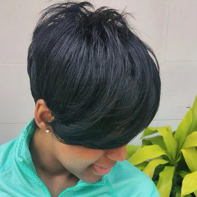 Human Hair Short Pixie Cut Wig Layered Pixie Cut Wig Pixie Cut With Long Side Bangs Full Machine Made Cap For Black Women