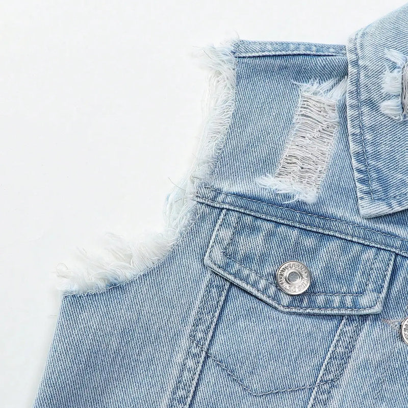 Girls Casual Style Sleeveless Top with Distressed Denim | SAMAG