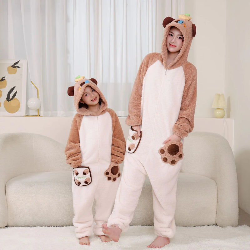 Winter Plush Pajamas Children Capybara Sleepwear Women Men Cosplay Jumpsuit Hooded Boys Girls Flannel Fleece Sleeping Clothes