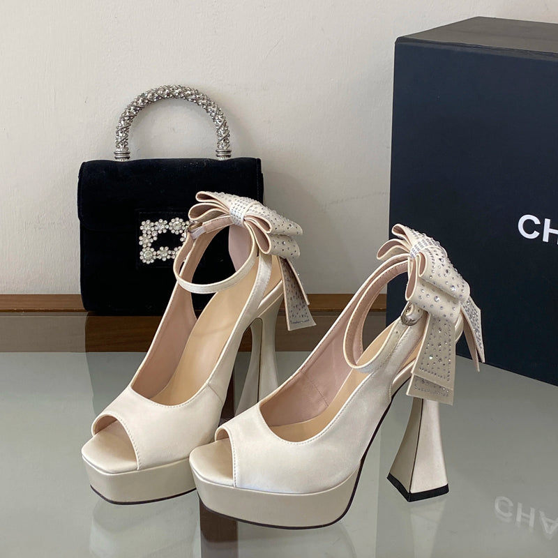 New Women's Thick-soled Waterproof Platform Thick High Heels Shoes Heel Rhinestone Big Bow Super High Heels Wedding Shoes