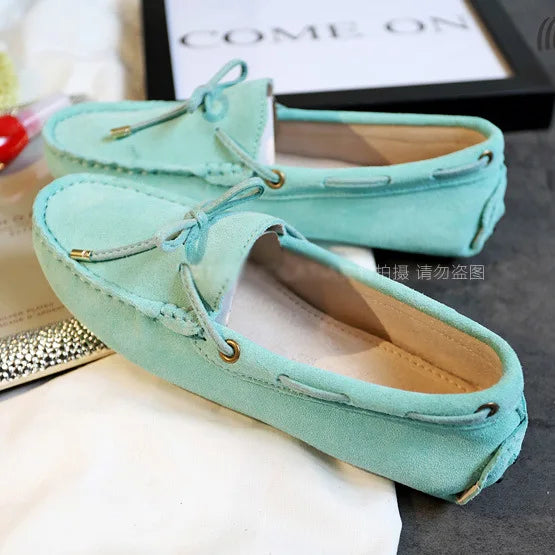 Cow leather womens shoes suede flats bow tie moccasins big size casual shoes size34-44