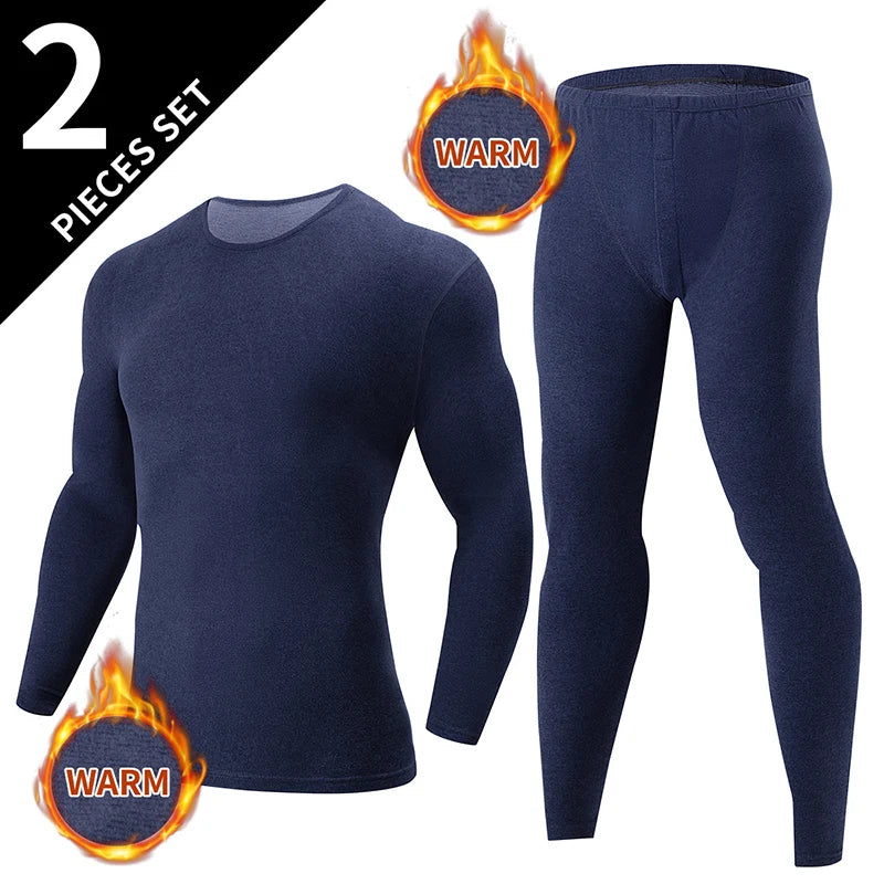 2-pcs Autumn And Winter Men's Thick Semi High Neck Thermal Underwear Set Solid Color Fashionable High Neck Top Warm Casual Pants