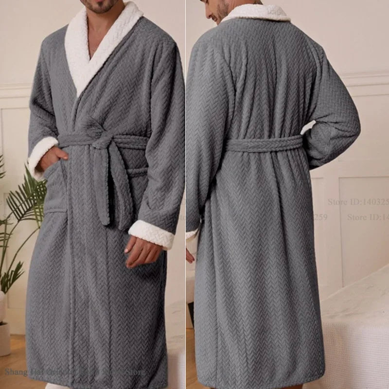 Autumn Winter Men's Robe Thicken Flannel Long Bathrobe Kimono Gown Loose Casual Male Sleepwear Home Clothes Coral Fleece Pajama