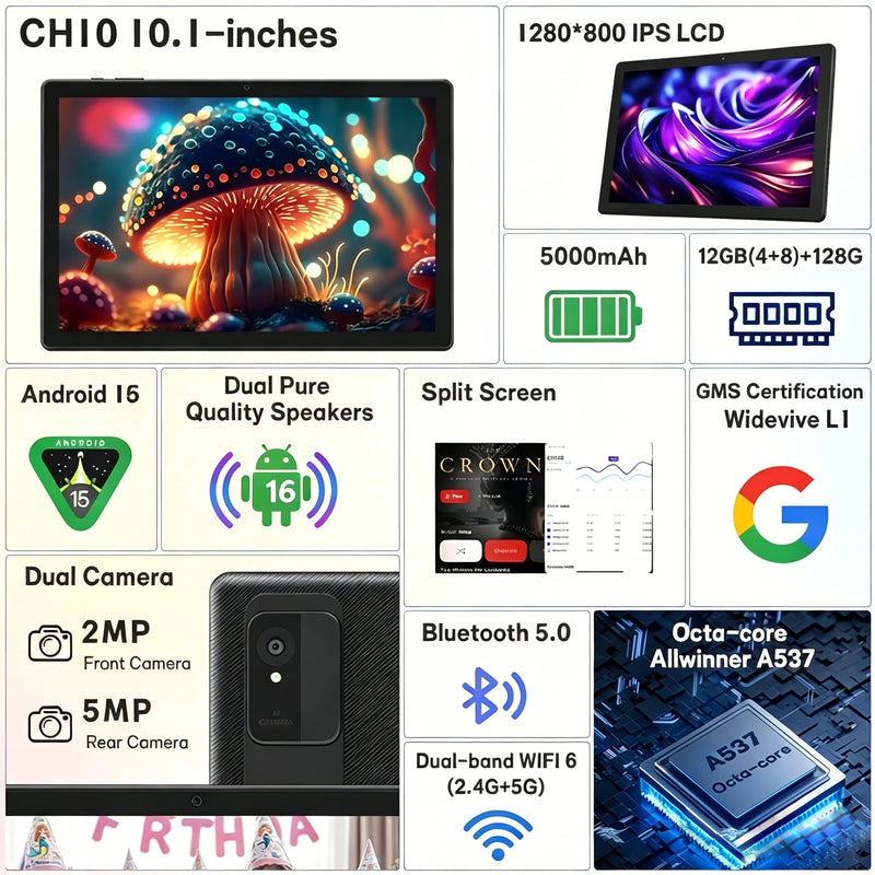ANRY 10.1" Android 16 Tablet PC Octa Core 12GB RAM 128GB ROM WiFi Bluetooth 5000mAh Dual Cameras GPS Student Learning PC Tablet