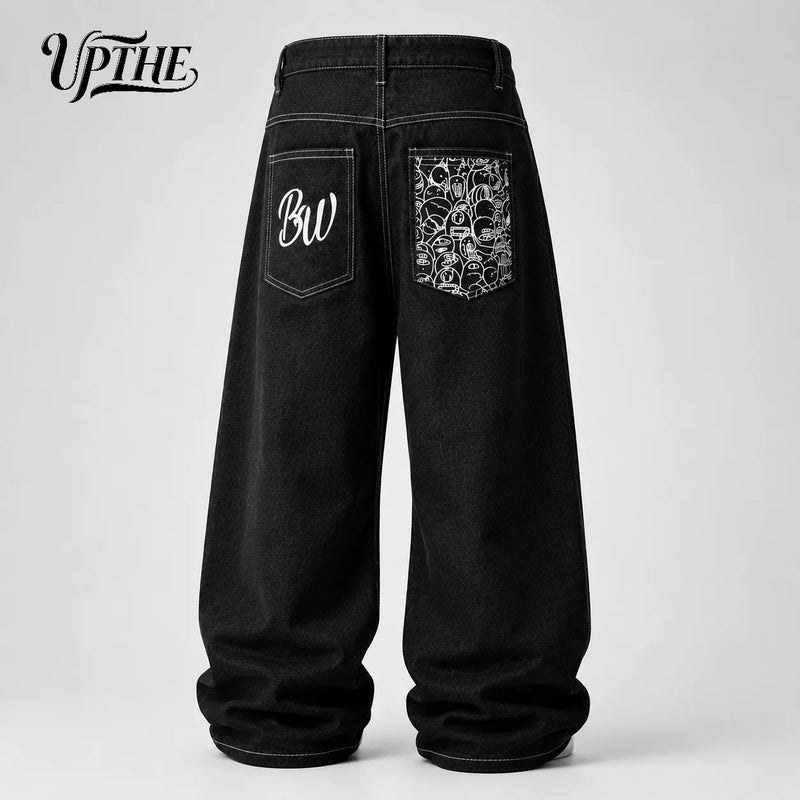 UP.THE Men Black Baggy Wide Leg Jeans, Y2K Oversized | SAMAG