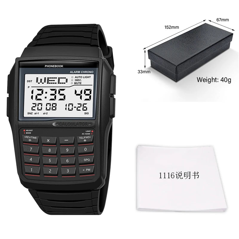 Men's Top Luxury LED Multifunction Calculator Watch Luminous Electronic Numeric Watch Keyboard Style