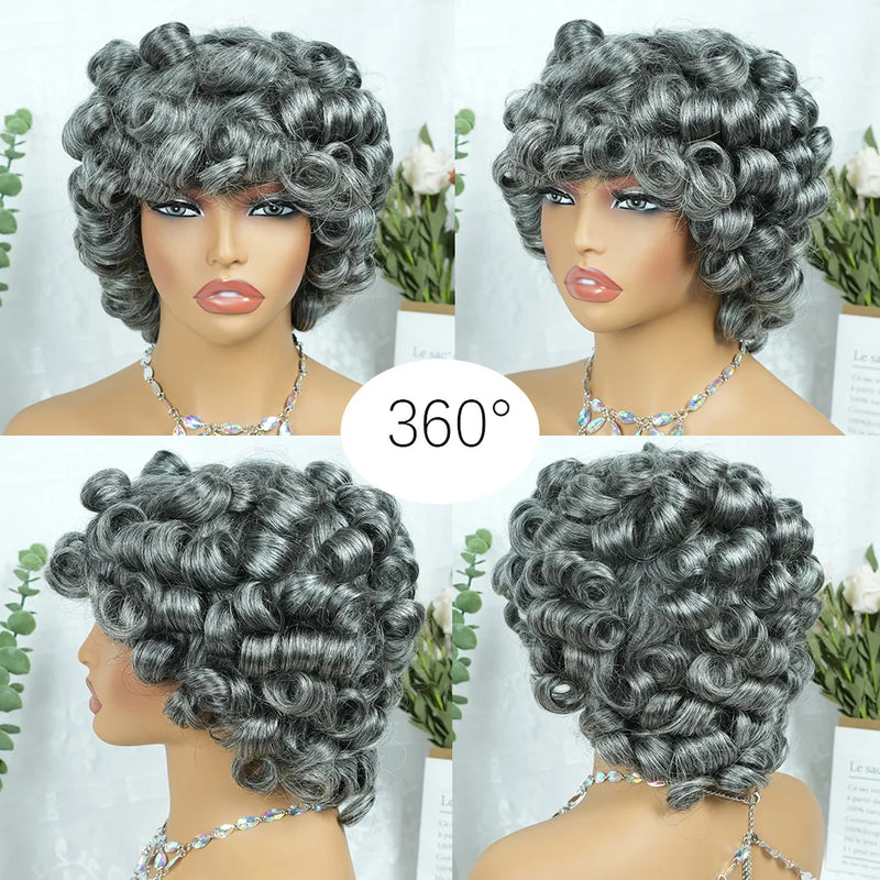Salt and Pepper Pixie Cut Human Hair Wigs for Women Gray Hair Black Mixed With 60#Color for Daily Use Machine Made