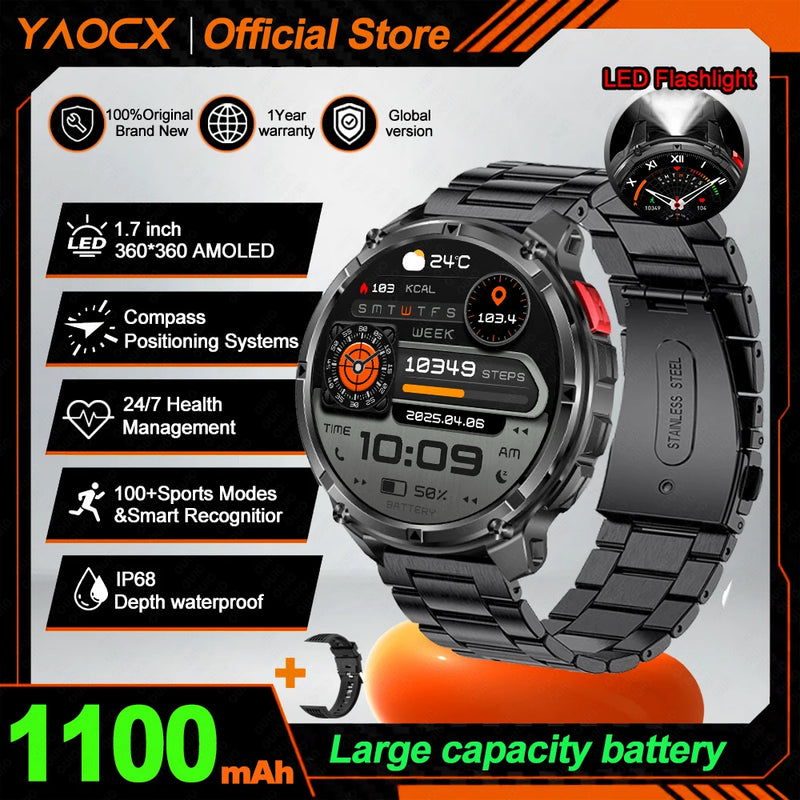 NEW 1100mAh Battery Sports Smart Watch Compass IP68 Waterproof Outdoor Flashlight Voice Assistant Heart Rate BT Call Smart Watch