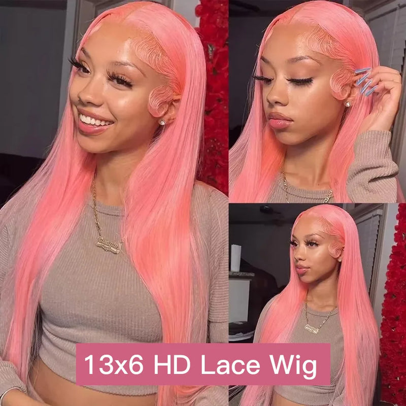 Pink Straight Human Hair Wigs 13X6 Hd Transparent Lace Frontal Wig Brazilian 220 Density Pre Plucked 13X4 30 Inch Lace Front Wig