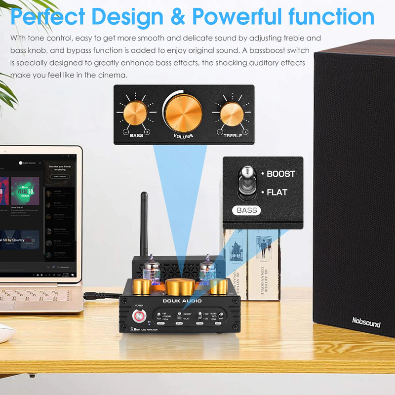 Douk Audio X1 HiFi JAN5725 Vacuum Tube Amplifier Bluetooth5.0 Receiver MM Phono Amp for Home Turntables Power Amp APTX-HD 160W*2