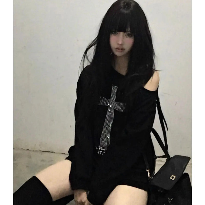 Seeslim Cross One-shoulder Graphic Hoodies Long Sleeve Black Women's Sweatshirts Harajuku Grunge 2000s Clothes Y2k Autumn Tops