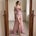 Pink Off Shoulder Mini Evening Dress 3D Handmade Floral | SAMAG