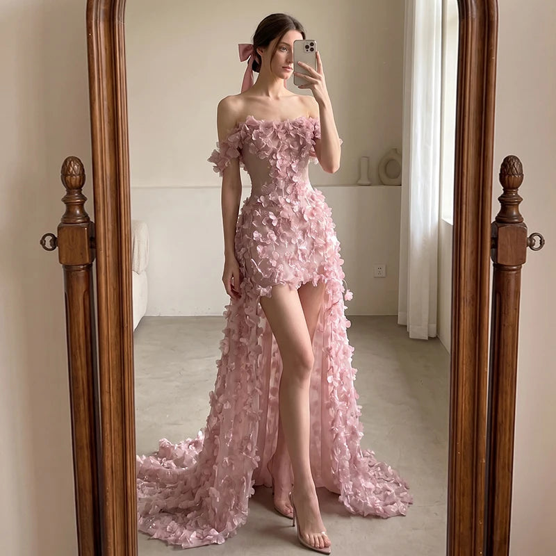 Pink Off Shoulder Mini Evening Dress 3D Handmade Floral | SAMAG