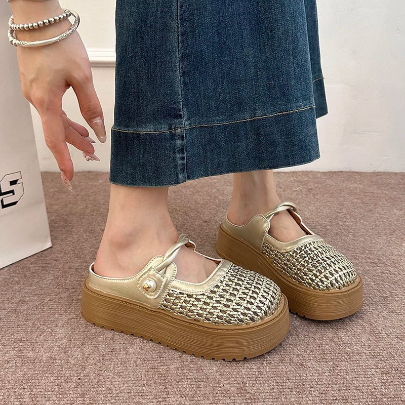 Summer Women's Hollow Out Woven Round Toe Mary Jane Buckle Strap Chunky Platform Mule Clogs Slides Sandals Casual Slippers Shoes