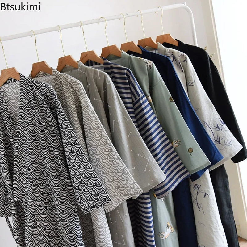 2026 New Men's 100% Cotton Gauze Bath Robes Loose Thin Japanese Kimono Pajamas for Men Casual Lace Up Bathrobes V-Neck Nightgown