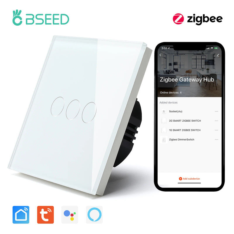 BSEED 1/2/3Gang Zigbee Touch Switch Wall Light Switch With Smart EU Socket Support Google Alexa Tuya Control No Neutral Line