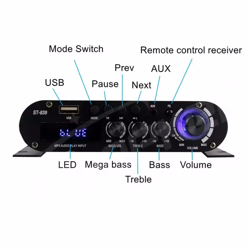 Woopker Audio Amplifier ST-839 25W*2 + 40W 2.1 Channel BT 5.0 Stereo Power Amplifier Portable Sound Amplifier Car Home Theater