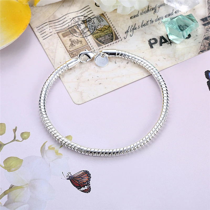 Suyixian 925 Sterling Silver 3mm Snake Chain 8 Inches Basis Bracelet For Woman Charm Wedding Engagement Fashion Party Jewelry