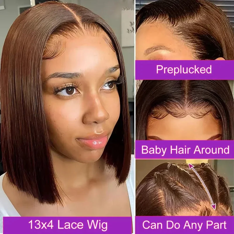 Brown Straight Short Bob Wig 13x4 4x4 HD Lace Frontal Wigs 100% Human Hair Preplucked For Black Woman #4 Color 14 16 Inch
