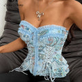 SINGREINY Holiday Paisley Print Corset Top Women Strapless Lace Up Slim Backless Camsiole 2026 Floral Blue Mesh Luxury Short Top