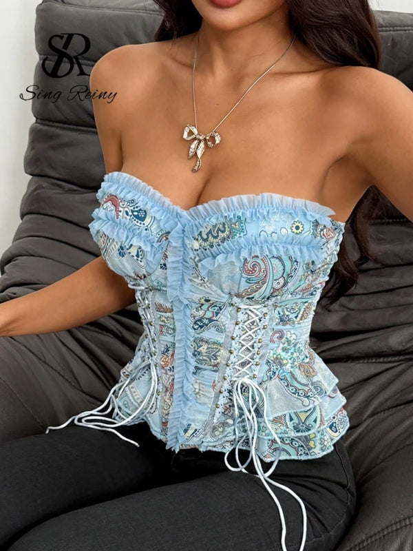 SINGREINY Holiday Paisley Print Corset Top Women Strapless Lace Up Slim Backless Camsiole 2026 Floral Blue Mesh Luxury Short Top