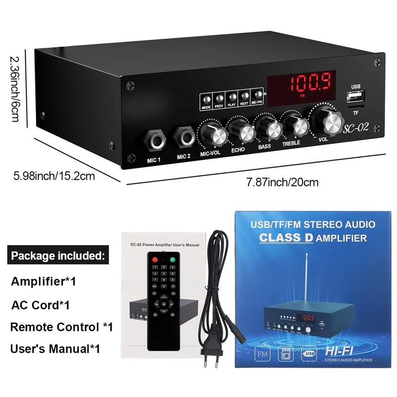 Woopker Audio Amplifier 2*100W HiFi Digital Stereo TPA3116 Bluetooth 5.3 Multifunction Dual Channel Power Amplifier Home Theater