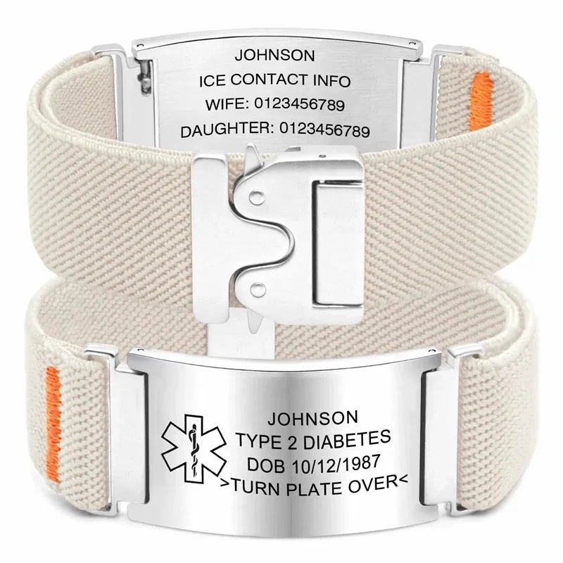 Personalized Medical Alert Bracelet for Men Customized Elastic Strap Stainless Steel ID Engraved Medic - Visuel 8 | SAMAG