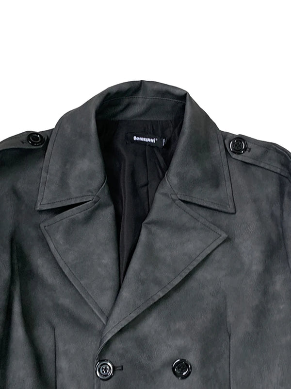 Mauroicardi Spring Autumn Extra Long Distressed Pu Leather Trench Coat Men Belt Double Breasted Luxury Designer Clothes Fashion