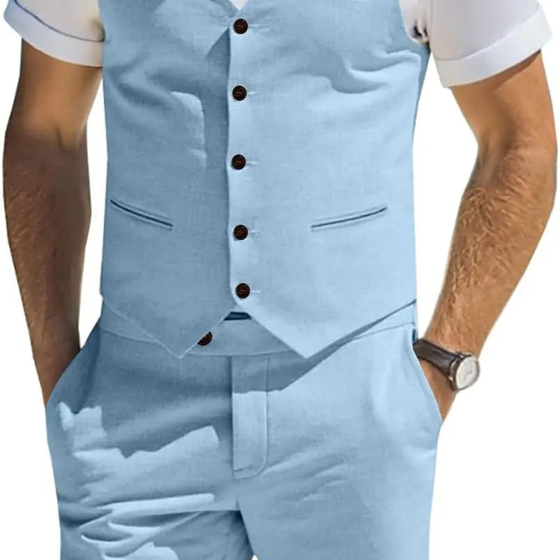 Men's Suit Linen 2 Piece Vests Short Pants Suits for Men Casual Summer Beach Groomsmen Wedding Waistcoat Set