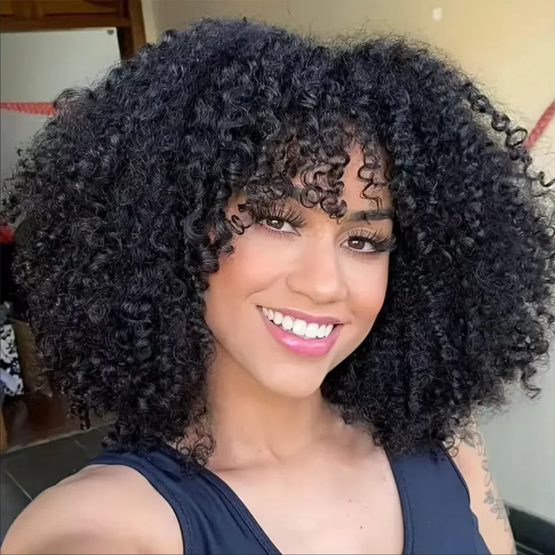 Mongolian Afro Kinky Curly Human Hair Wig For Women Raw Indian Hair Short Bob Wigs With Bangs Afro Curly Fringe Wigs Glueless
