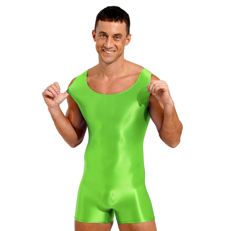 Swimwear Mens Glossy Stretchy Swimsuit U Neck Tank Leotard Jumpsuit Bodysuit Mankini Bodybuilding Fitness Exercise Swimming Suit