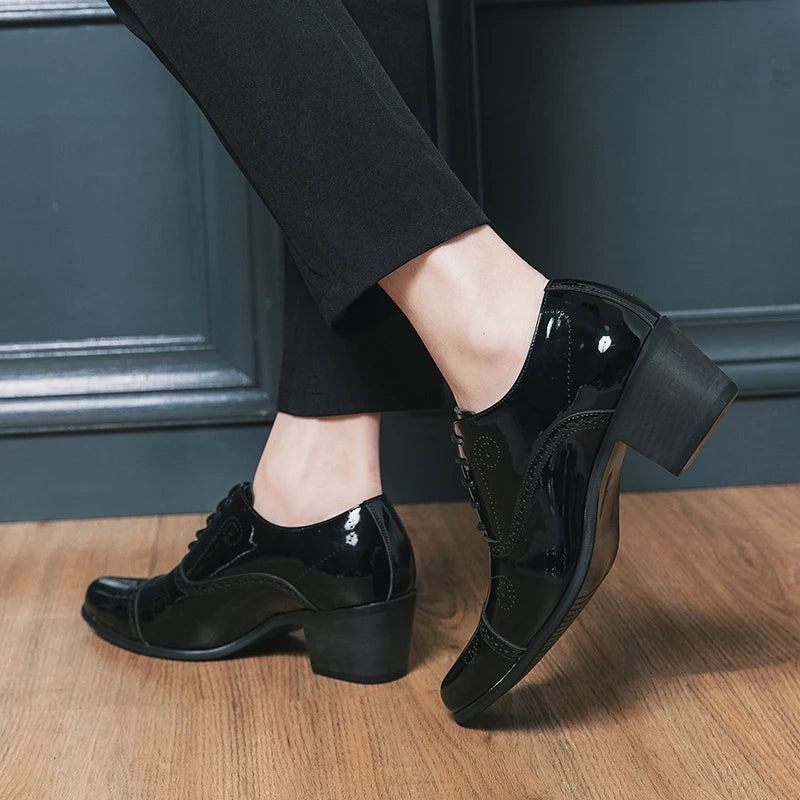 New Dress Leather Shoes Men High Heel 6cm Pointed Toe Brogue Wedding Shoes Height Increase Formal Career Work Jazz Dance Shoes