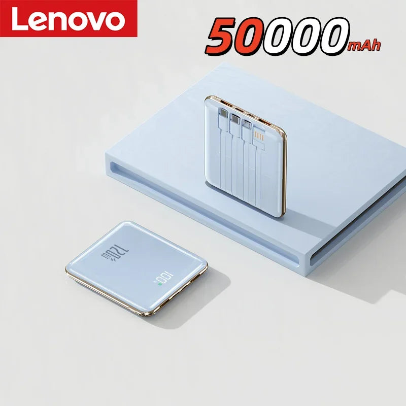 Lenovo New 500000mAh Mini Power Bank Built-in 4 Cables Large Capacity Super Fast Charging External Battery for IPhone Samsung
