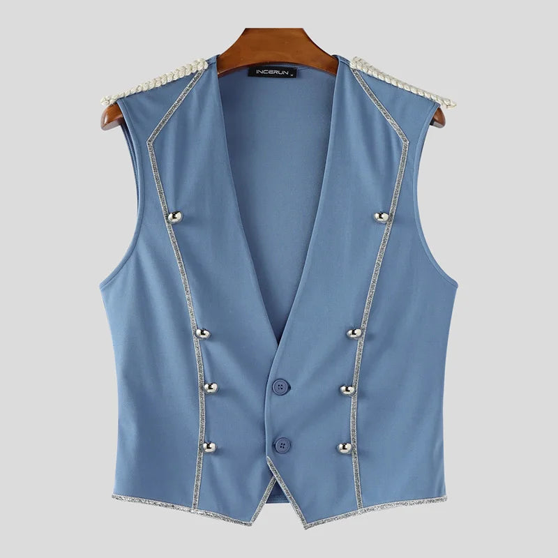 INCERUN Men Vests Patchwork Shiny V Neck Sleeveless Button Casual Male Waistcoats Streetwear 2025 Fashion Leisure Vests S-5XL