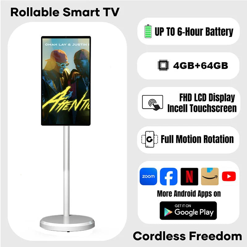 21.5 Inch 4+64GB TV Mini Smart Android Televisor on Wheels Movable Charging Battery Interactive LED Portable TV for Business