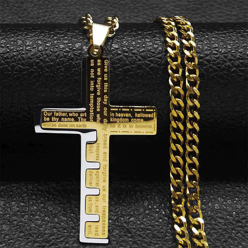 Goth Stainless Steel Cross Pendant Necklace Biker Men Punk Black Silver Color Crucifixion Crystal Necklace Hip Hop Jewelry N6337